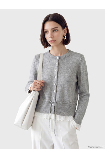 LC Waikiki Lcw Modest Gray Crew Neck Lace Detailed Women's Knitwear Cardigan