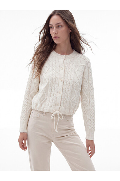 LC Waikiki Lcw Modest Ecru Crew Neck Lace-Up Women's Knitwear Cardigan