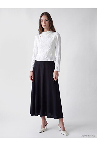 LC Waikiki Lcw Modest Black Modal Blend Flared Skirt with Zipper at the Waist