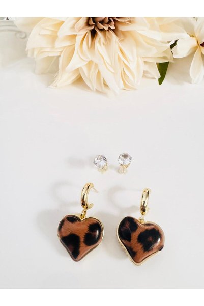 DEVİ fashion Leopard Heart and Single Stone Gold 2-Piece Earring Set 4 cm