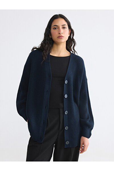 LC Waikiki Lcw Modest Navy Blue V-Neck Women's Knitwear Cardigan