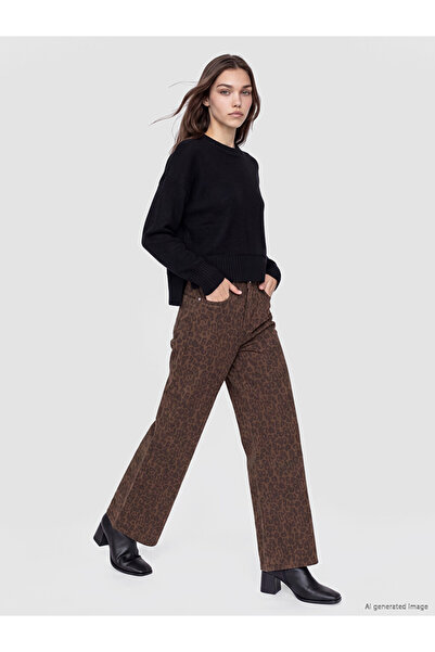 LC Waikiki Lcw Modest Brown Leopard Patterned Wideleg Women's Jean Trousers