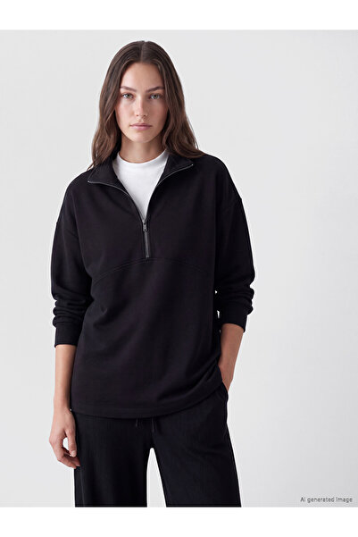 LC Waikiki Lcw Modest Black High Collar Soft Touch Women's Sweatshirt Tunic
