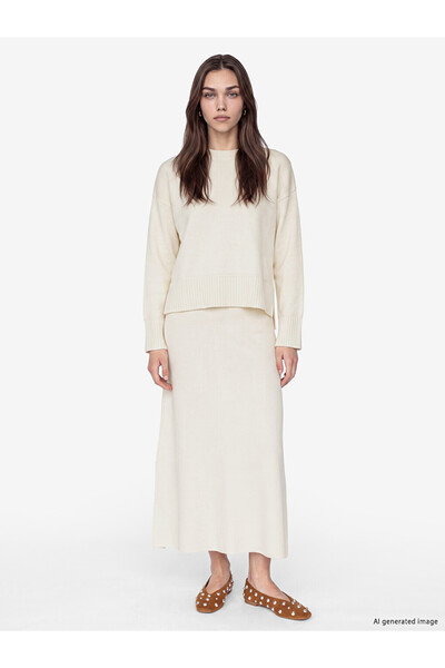 LC Waikiki Lcw Modest Ecru Elastic Waist A-Line Knitwear Skirt
