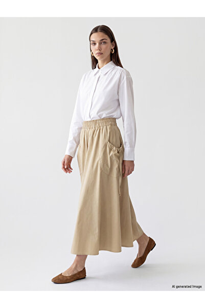 LC Waikiki Lcw Modest Brown Flared Skirt with Elastic Waist