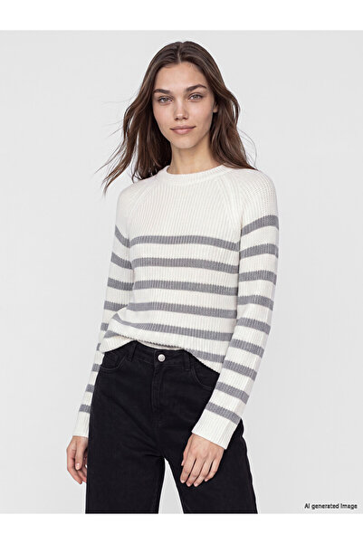 LC Waikiki Lcw Modest Gray Crew Neck Striped Women's Knitwear Sweater