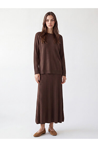 LC Waikiki Lcw Modest Brown Knitted Patterned Knitwear Skirt with Elastic Waist