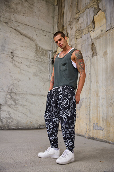 Superbluemexico Men's Pleated Elastic Cuffed Patterned Shalwar Trousers