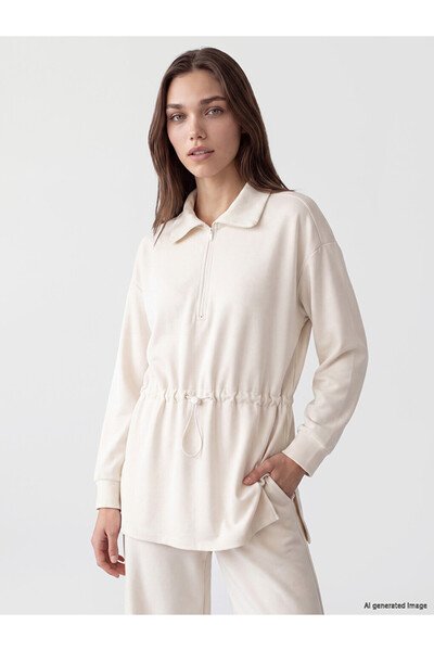 LC Waikiki Lcw Modest Beige Stand Collar Oversize Women's Sweatshirt Tunic