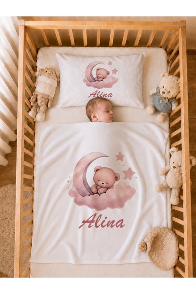 Pia Baby İsme Özel Kız Bebek Battaniye 80x80 cm ve Yastık Kılıfı 35x45 cm %10...