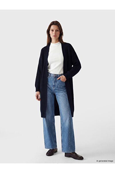 LC Waikiki Lcw Modest Navy Blue Shawl Collar Oversize Women's Knitwear Cardigan