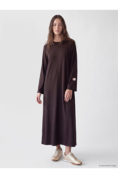 LC Waikiki Lcw Modest Brown Crew Neck A-Line Dress