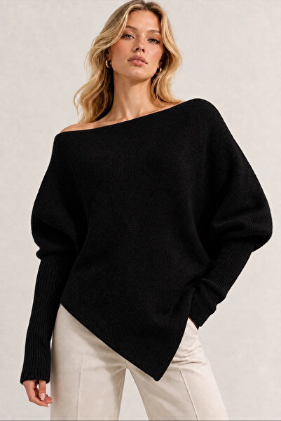 Lusin Women's Black Asymmetrical Cut Madonna Boat Neck Soft Knitwear Blouse