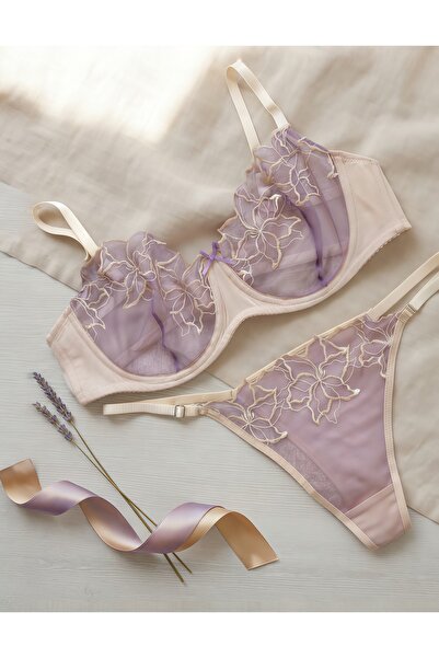 Genel Markalar LA NUIT LINGERIE Amethyst Lila İşlemeli Sütyen Takımı