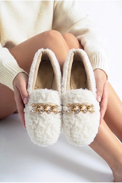 StWenn Women's Plush Home Ballerinas with Gold Chain and Stone Accessories, C...