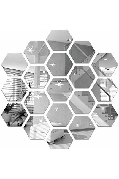 Generic Silver Honeycomb Acrylic Wall Mirror Stickers – Set of 12 | 18 × 15.5 cm