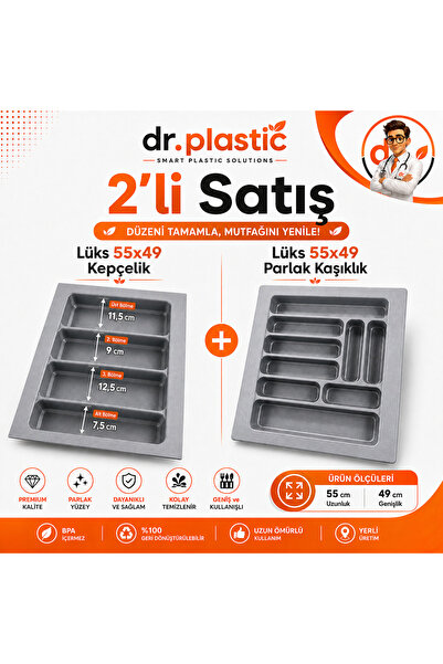 dr.plastic Lüks 55x49 2’li Çekmece Düzenleyici Seti Kepçelik + Parlak Kaşıklık