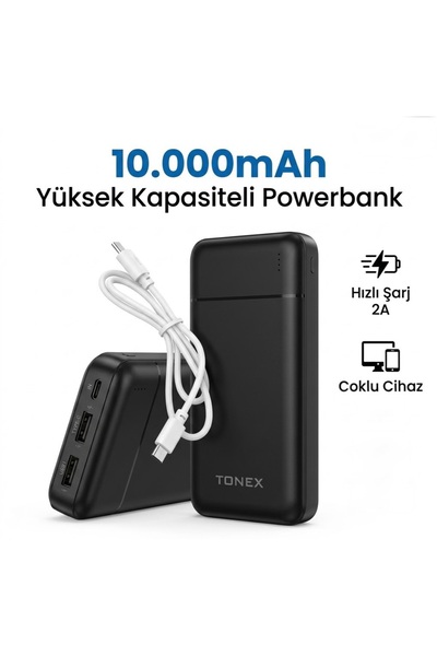 Genel Markalar Tonex 10.000 Powerbank 2X USB , 1X TYPE-C , 1X MICRO-USB