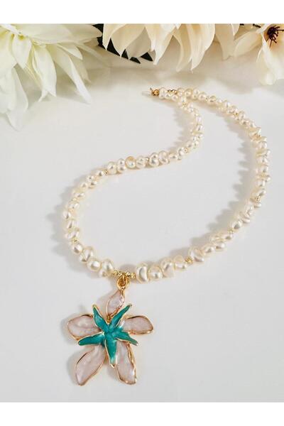 DEVİ fashion Heart Pearl Flower Pendant Necklace 45 cm