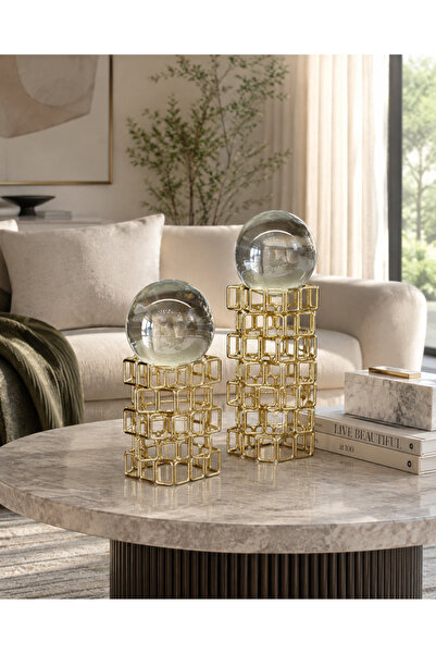 Hinora Home 2’li Kristal Küre Dekoratif Obje Seti – Metal Ayaklı Modern Salon...