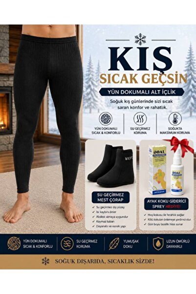 Fitwarm Erkek Örgü Yün Termal Alt İçlik + Isı Su Geçirmez Mest Çorap (41-42)-...