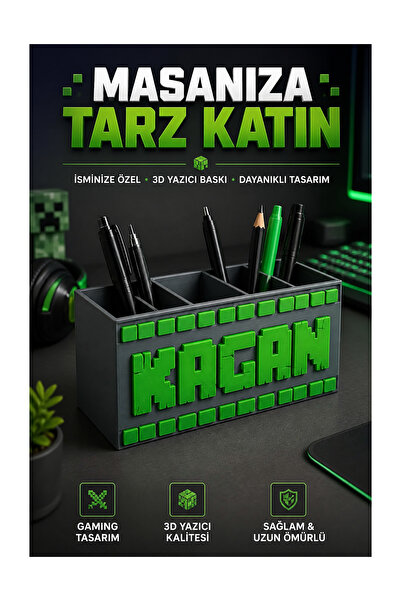 DIYMaX İsme Özel Minecraft Temalı Kalem Kutusu - Kişiselleştirilmiş Okul Kale...