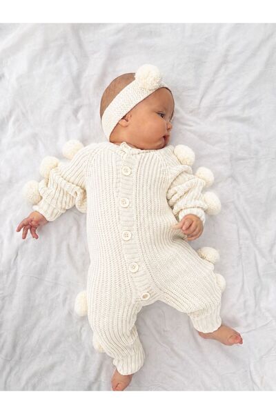 Minizade Baby Girl Pompom Knitwear Jumpsuit Bandana 2-Piece Set Red Newborn W...