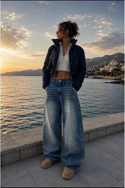 eyonnwear Unisex Mavi Lazer Nakışlı Salaş Kesim Wide Leg Bol Paça Baggy Kot P...