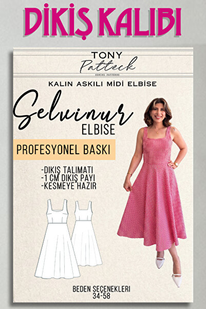 Tony Patteck Selvinur Midi Elbise - Profesyonel Baskı Dikiş Kalıbı (34-58 Beden)