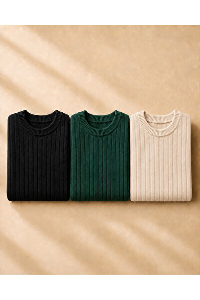 OTAKU 3-Piece Men's Crew Neck Ribbed Casual Knitwear Sweater Set