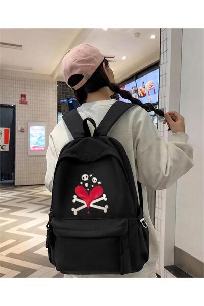 Minga London Crni piratski ruksak sa otiskom srca za školu, učionicu, kurs