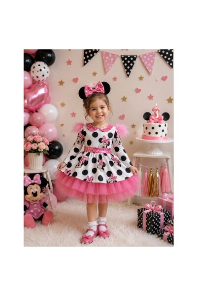 NA ADDESIGN Kız Çocuk Mickey Mouse Pembe Payet Detaylı Tüllü Elbise