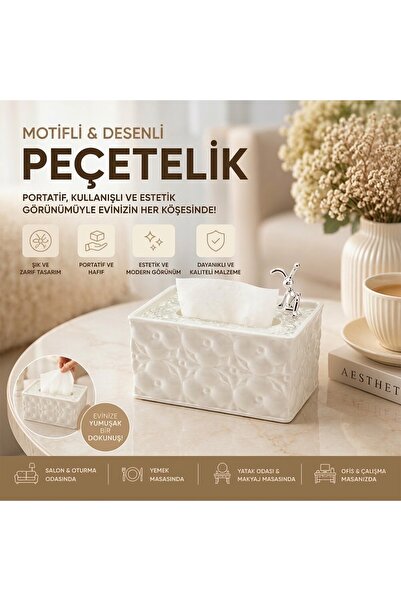 KONTEF Tavşan Figürlü Kabartma Motifli Seramik Kutulu Peçetelik 18.4 X 12.5 X...