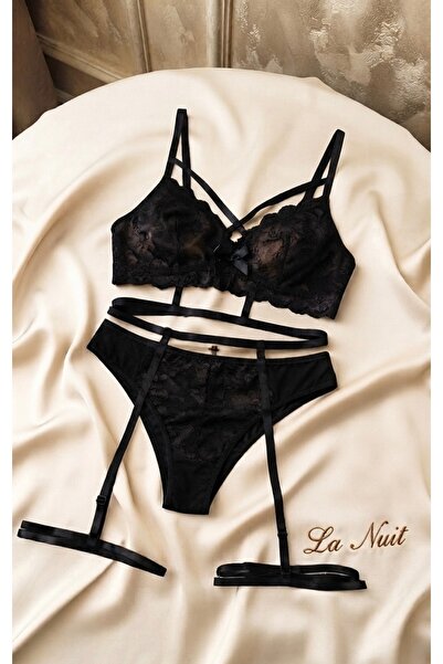 LA NUIT LINGERIE Noir Elegance Dantelli Jartiyer Takım