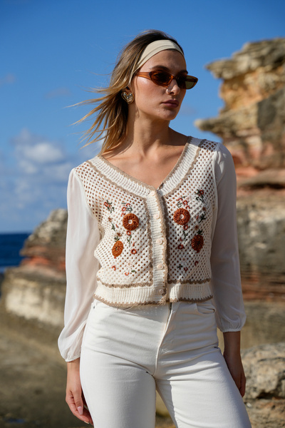 ASEDE Vintage Floral Patterned Tulle Sleeves V-Neck Knitwear Cardigan Blouse