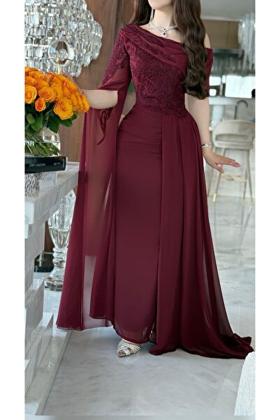 ELORA FASHION فستان سهرة برغندي مطرز بشال شيفون.