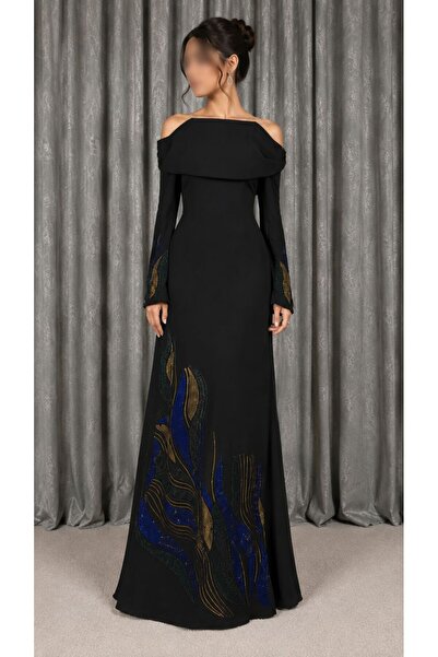 ELORA FASHION فستان سهرة أسود بتطريز ريش فاخر.