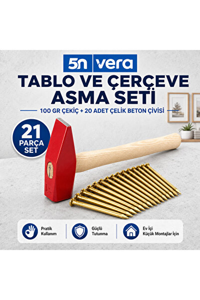 5NVERA Tablo ve Çerçeve Asma Seti – 100 Gr Çekiç + 20 Adet Çelik Beton Çivisi...