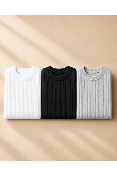 OTAKU 3-Piece Men's Crew Neck Ribbed Casual Knitwear Sweater Set