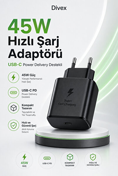 Divex 45W USB-C PD Hızlı Şarj Adaptörü – Type-C Girişli Kompakt Duvar Şarj Ci...