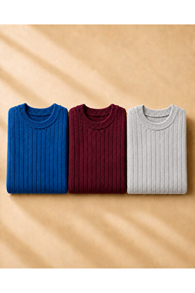 OTAKU 3-Piece Men's Crew Neck Ribbed Casual Knitwear Sweater Set