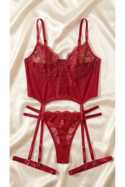 LA NUIT LINGERIE Rouge Passion Dantelli Jartiyer Takım