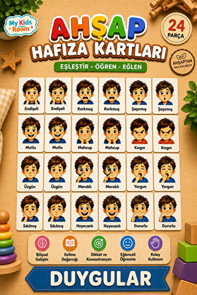 My Kids Room 24 Parça Ahşap Hafıza Kartları Eşleştirme Oyunu Eğitici Öğretici...