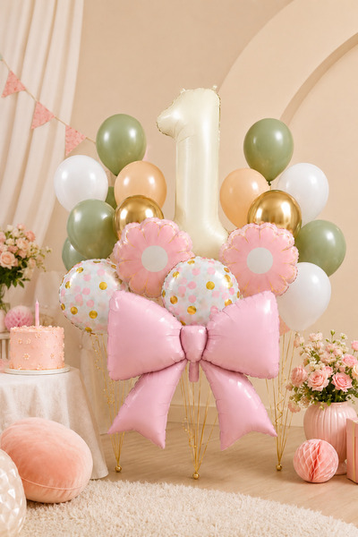 Atölye Mi 1 Year Old Retro Cream Pink Bow Concept Birthday Balloon Chain Set ...