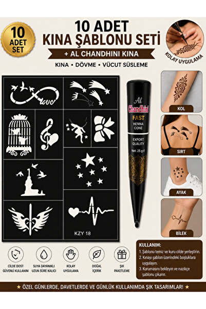 10 Adet Karışık Desenli Kına Şablonu + Al Chandhini Kına – Geçici Dövme ve Vücut Süsleme Seti