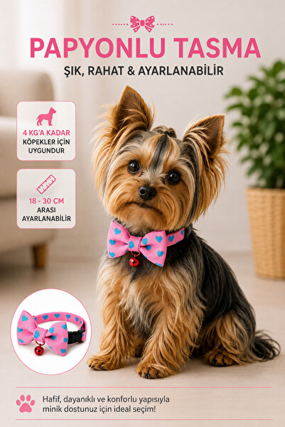 Cocopet Papyonlu Köpek Boyun Tasması Pembe Kalp Desenli 4 kg a kadar Küçük ır...