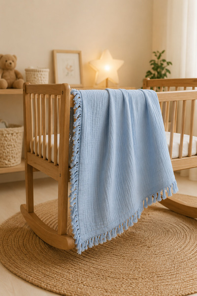 COOLMINIES %100 Pamuk 4 Katlı Püsküllü Muslin Bebek Battaniyesi, Çok Amaçlı M...