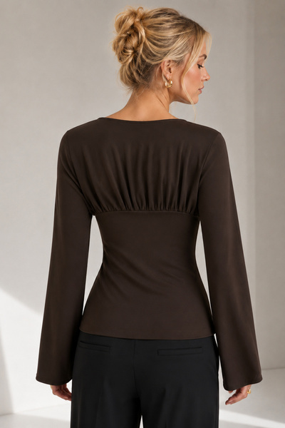 fablair Women's Crew Neck Underbust Drawstring Detailed Long Sleeve Spanish Sleeve Blouse