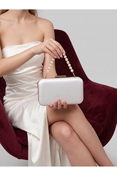 Biçanta Bridal Bag Ecru Pearl White Striped Satin Gold Detailed Crystal Stone...