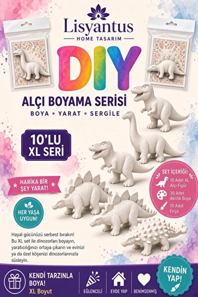 LİSYANTUS HOME DIY Alçı Taş Boyama Serisi – 10’lu XL Dinozor Seti/Hediye/Erki...